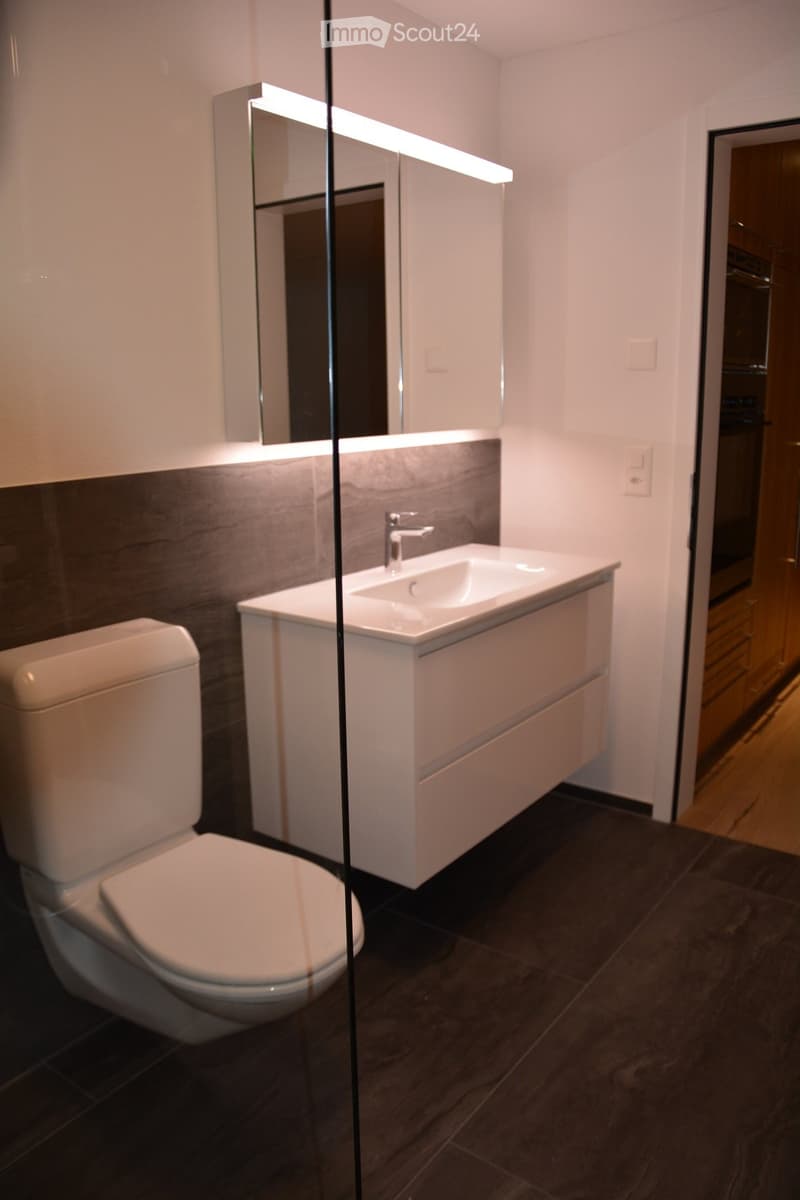 Modern bathroom with a white toilet, sink, and mirrored cabinet. Dark tiled floor and light-colored walls.