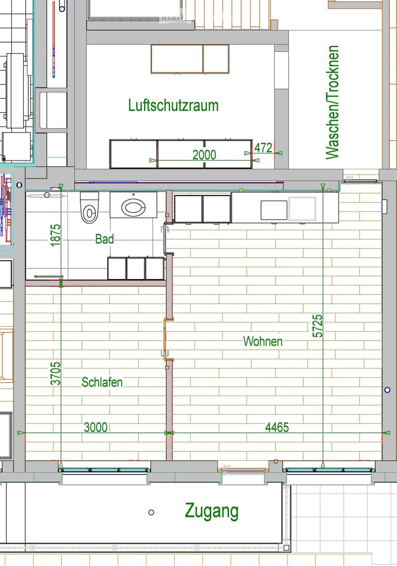 Floor plan showing a layout with labeled rooms: Luftschutzraum (air-raid shelter), Bad (bathroom), Wohnen (living area), Schlafen (bedroom), Zugang (access), Waschen/Trockner (laundry/dryer area).
