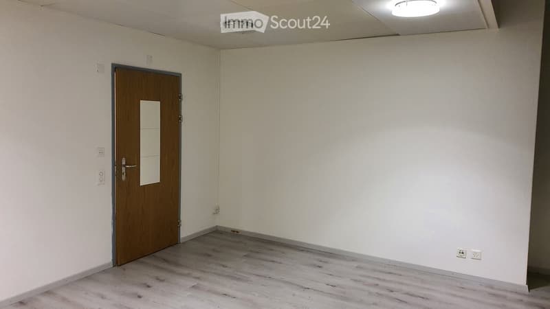 Empty room with light-colored walls, wooden floor, and a single door with a glass panel.