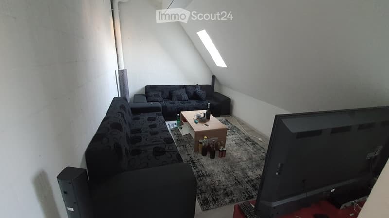 Living room with slanted ceiling and skylight, featuring a dark grey sofa, coffee table, television, and speaker.