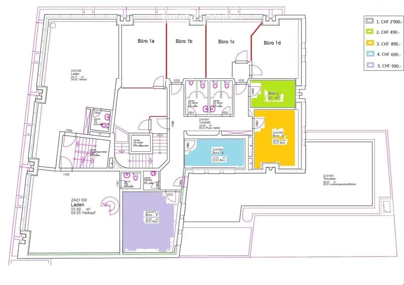 4 units, each with living room, kitchen, 2 bedrooms, 2 bathrooms, balcony