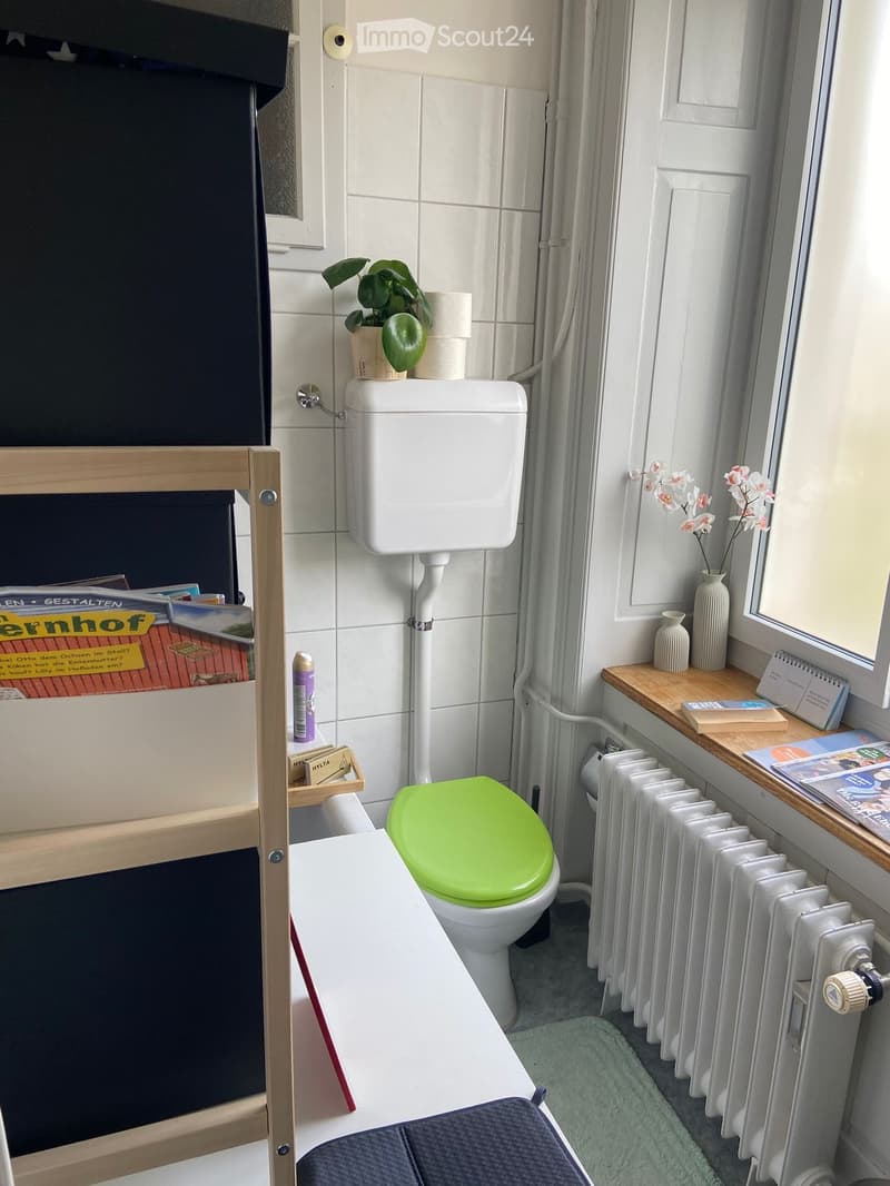 Compact bathroom with a white toilet, green toilet seat, bathtub, radiator, small plant, and decorative vases on a windowsill.