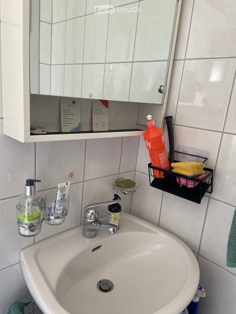 Modern bathroom with white tiled walls, a white sink, a chrome faucet, and various toiletries including a toothbrush, toothpaste, soap dispenser, and a bottle of cleaning solution. A mirror with a cabinet is mounted above the sink.