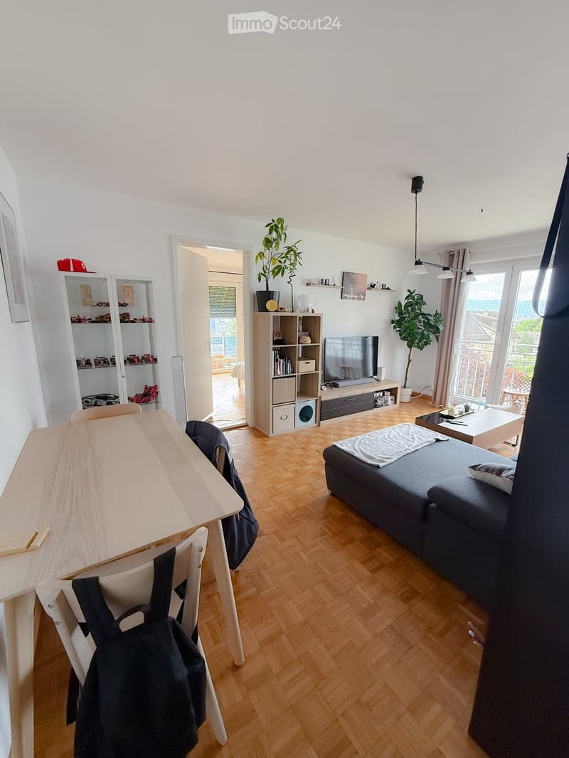 Modern living room with wooden flooring, a grey sofa, coffee table, dining table with chairs, shelves, and a television. Large windows and a view of a balcony area.
