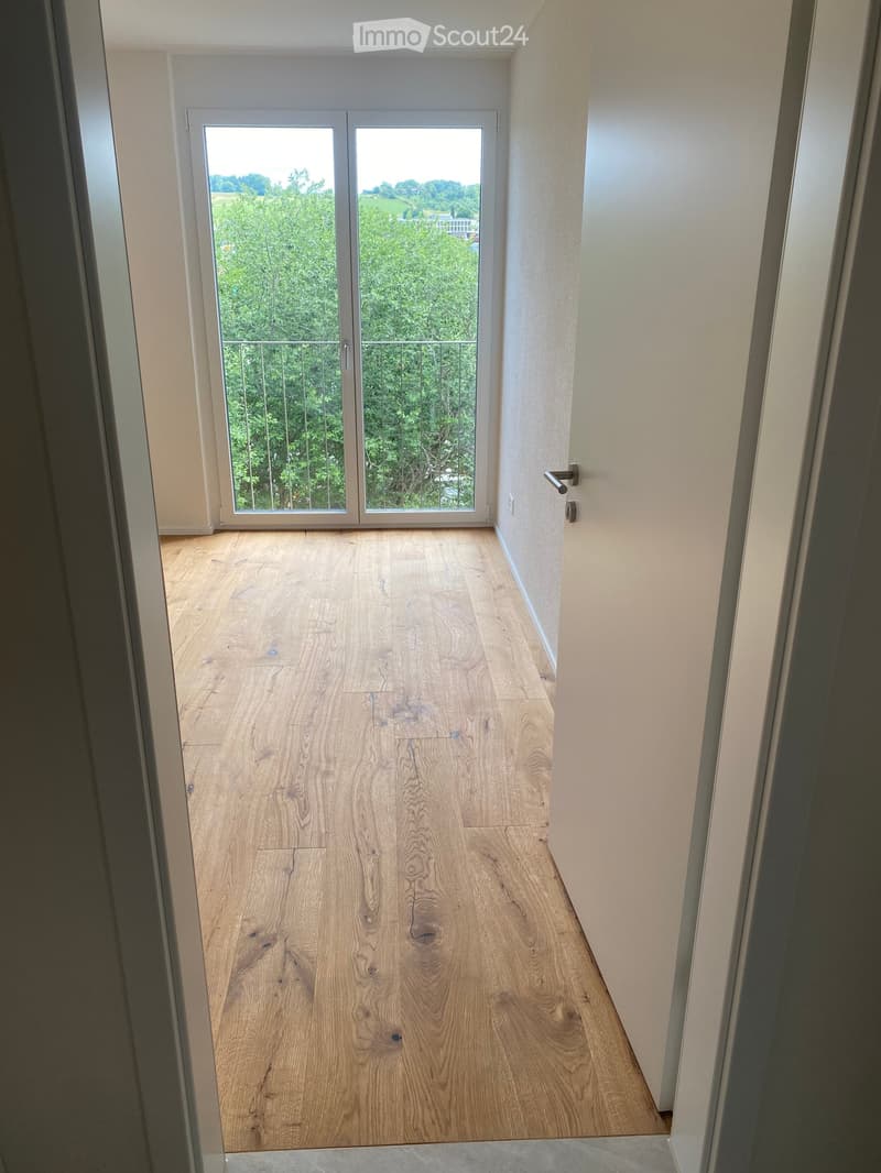 A narrow hallway with light wooden flooring and white walls, leading to a large sliding glass door that opens to a balcony with a view of greenery.