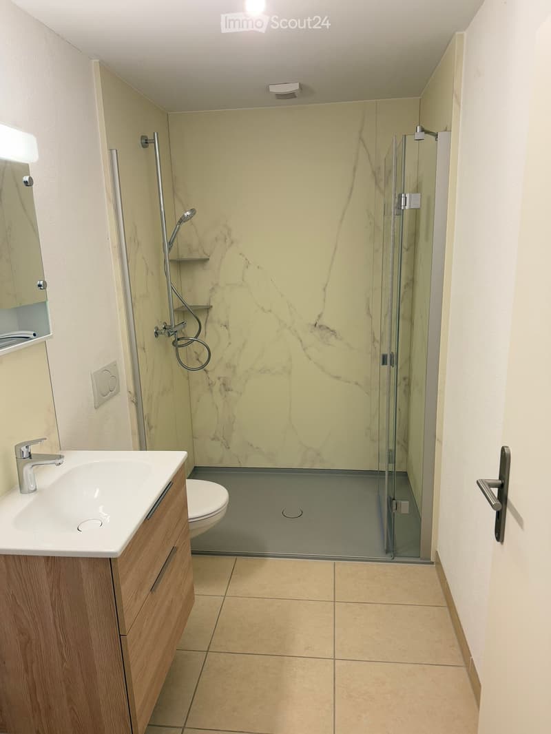 Modern bathroom with a white sink, wooden cabinet, toilet, glass-enclosed shower, and marble-patterned walls.