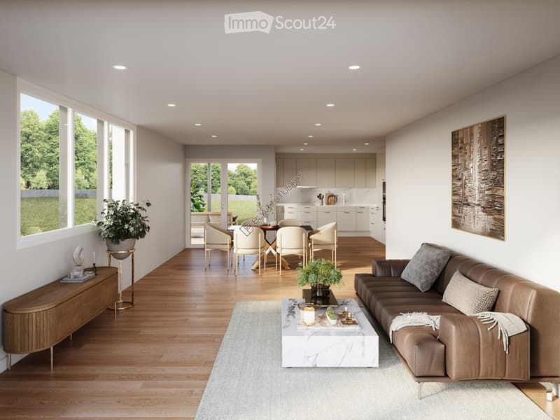Modern living room with a brown leather sofa, marble coffee table, side table, dining area with chairs, and a potted plant. The room features large windows with a view of greenery outside.