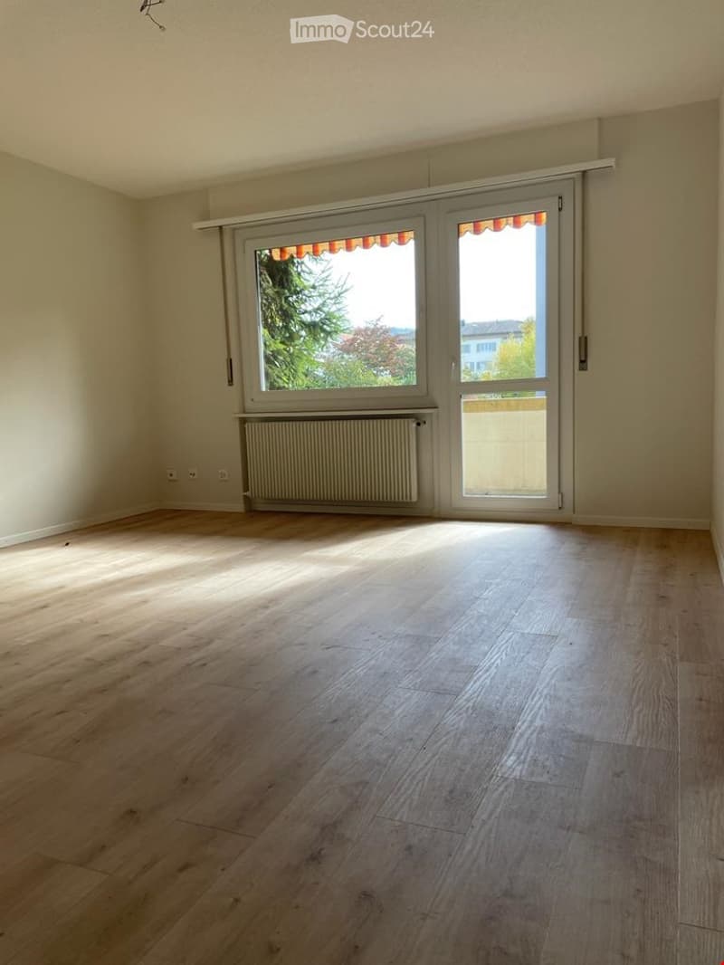 Empty room with wooden flooring, large window with blinds, radiator, and neutral-colored walls.