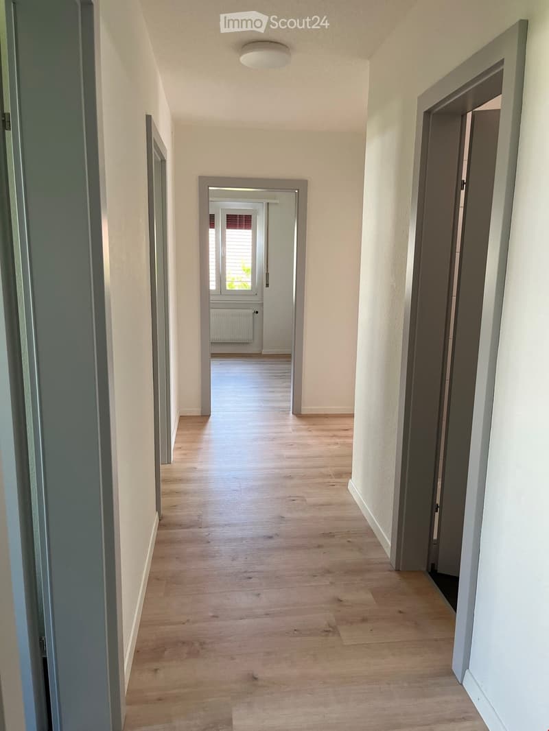 Empty hallway with wooden flooring, white walls, and several doors leading to other rooms.