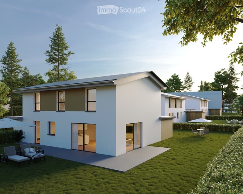2 story house, white exterior, raised ground floor, large windows, balconies, solar panels, well-kept lawn, umbrellas