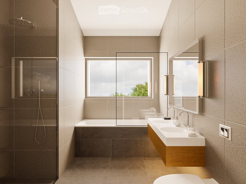 Modern bathroom, glass shower, wooden vanity, two sinks, bathtub, large window, built-in lights