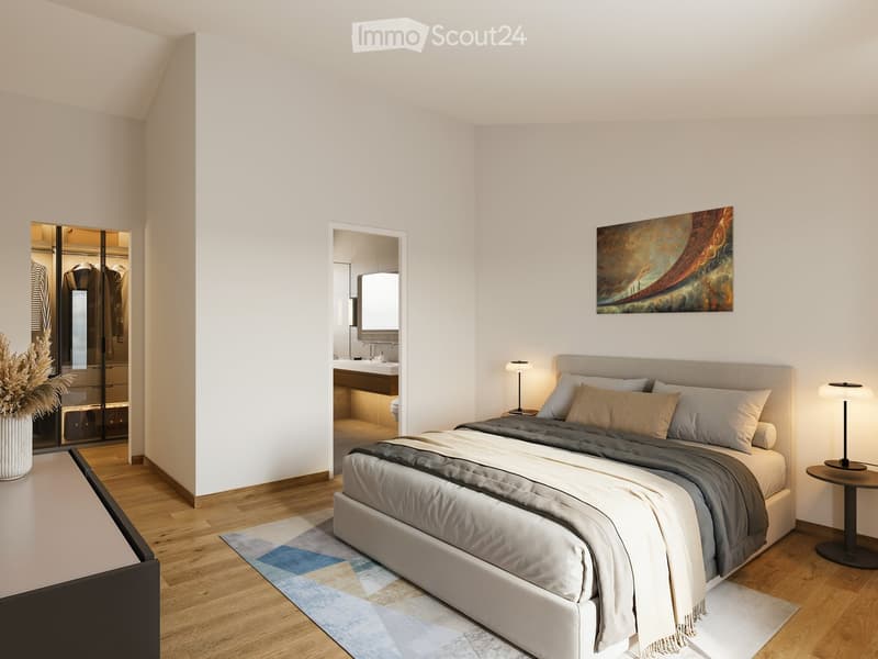 Bedroom with a bed, nightstands, lamps, rug, vase, and a doorway leading to a bathroom.