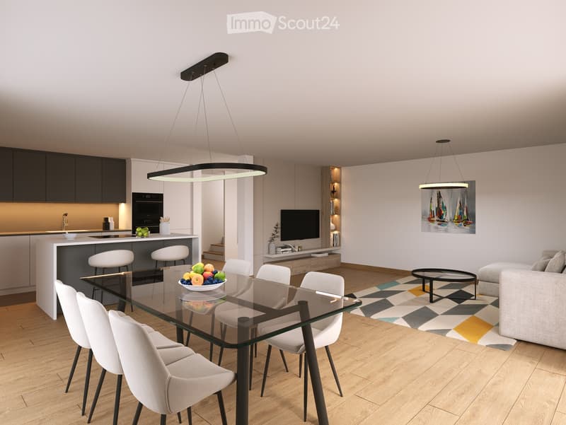 Glass dining table, white chairs, kitchen island with counter seats, kitchen appliances, living room couch, coffee table, TV, carpet, pendant lights, open area