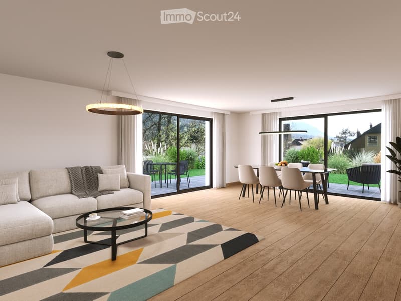 contemporary living room, large windows, hardwood floor, sliding glass doors, balcony with table and chairs, minimalist couch, geometric rug, pendant lights, coffee table