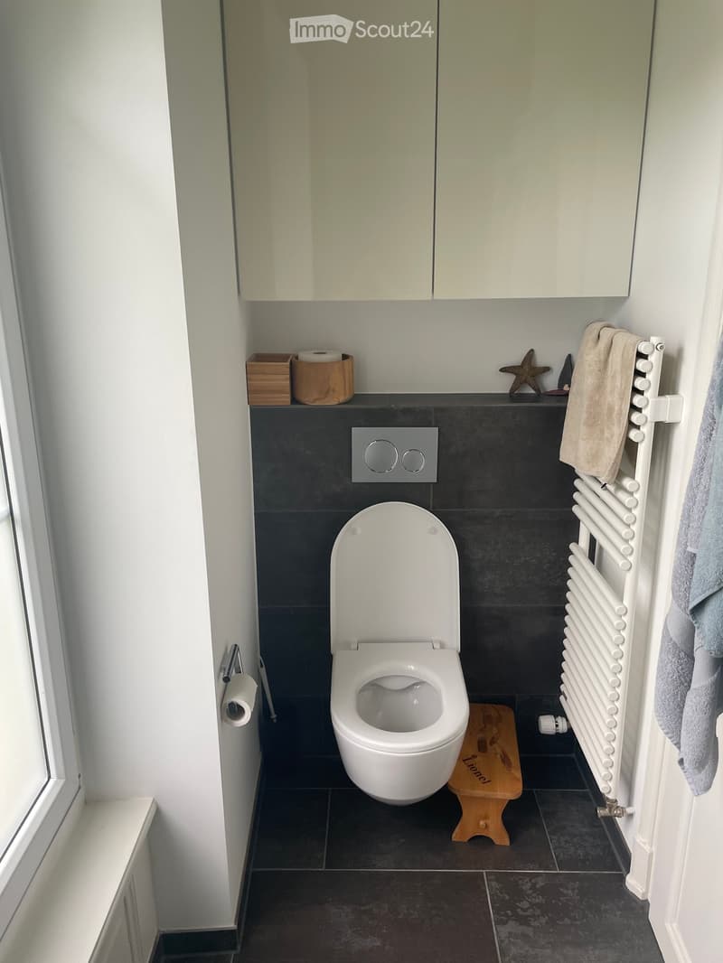 Modern bathroom with white toilet, dark tiled walls and floor, white radiator, towel, small wooden stool, and decorative items on the shelf.