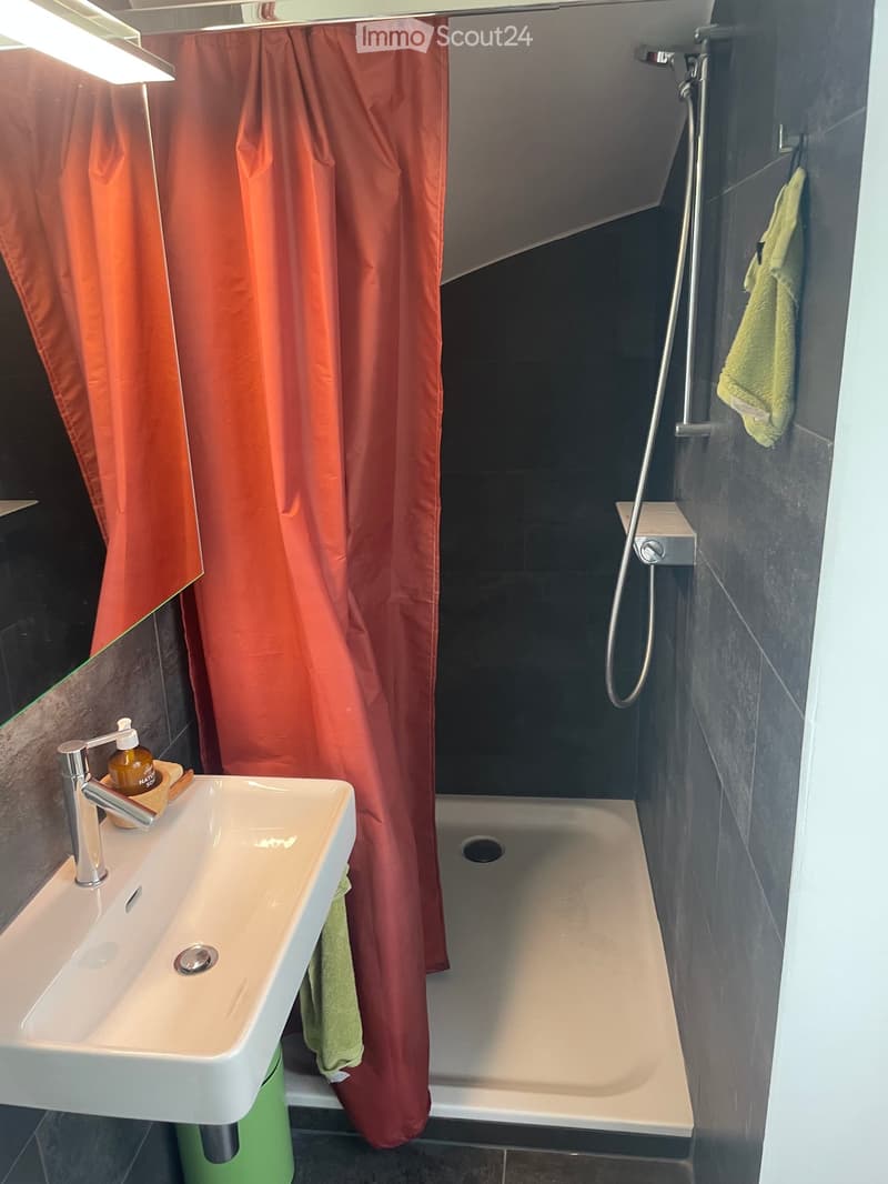 Modern bathroom with a white sink, chrome faucet, bathtub with a red shower curtain, and a green towel hanging on the side.