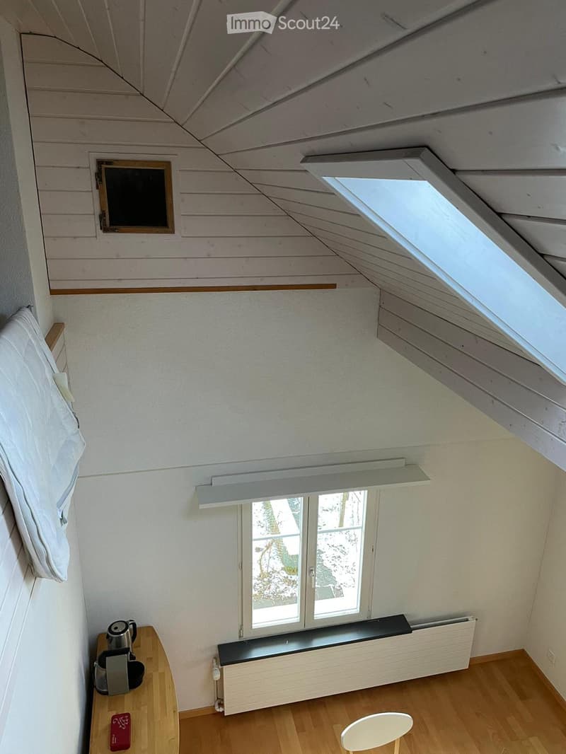 Attic room with wooden slanted ceilings, exposed beams, and skylight windows. Contains a small wooden table with a coffee maker, a white stool, and a radiator under the window.
