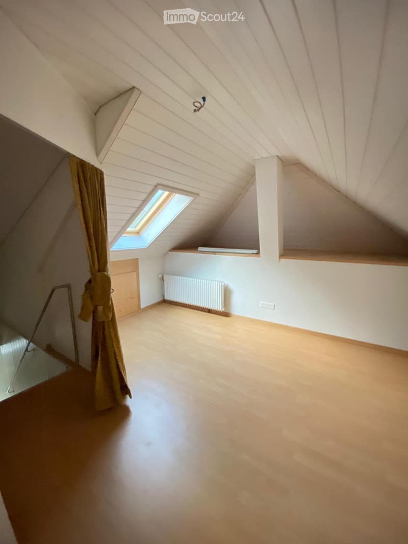 Empty attic room with wooden flooring, white walls, skylight window, radiator, and built-in shelves.
