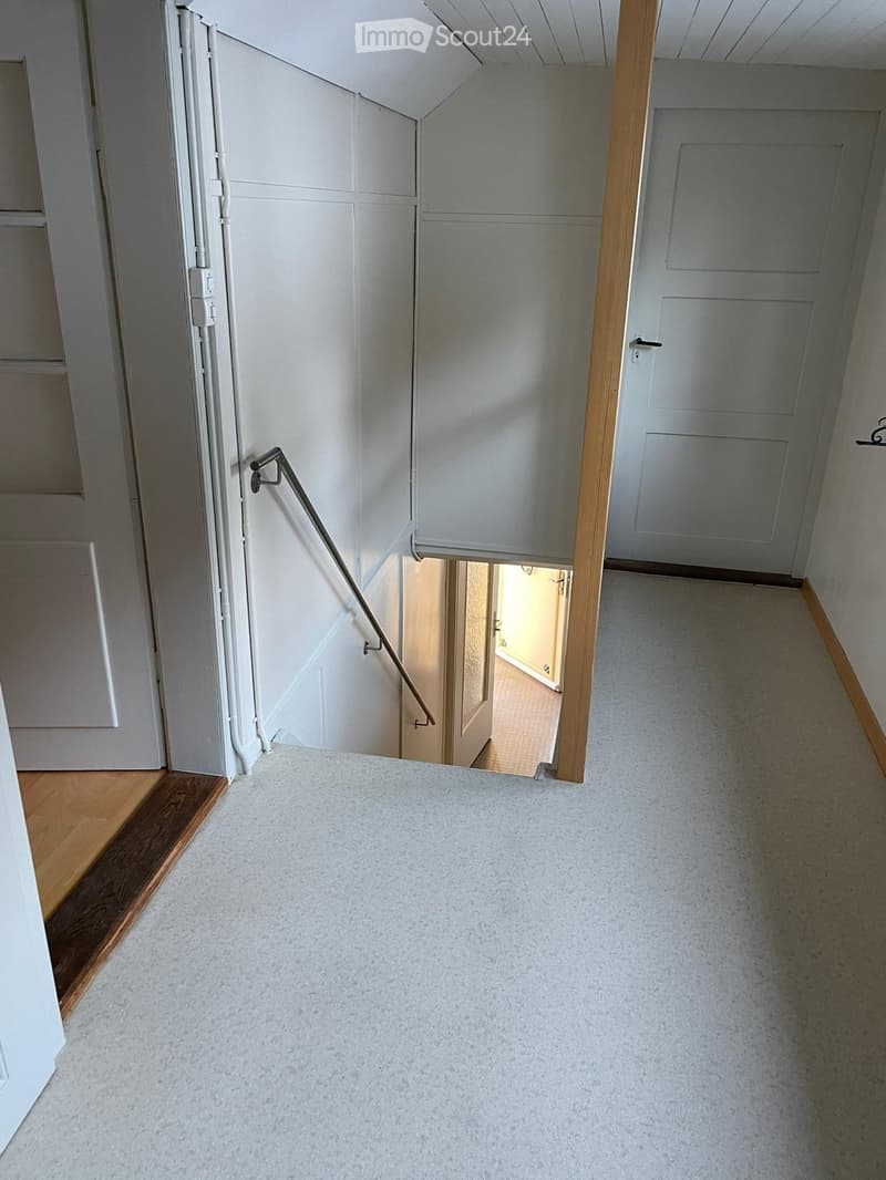 Carpeted hallway with white walls, wooden trim, and a metal handrail leading to a lower level.