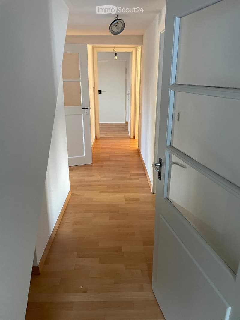 A long, narrow hallway with light wooden flooring and white walls. The hallway features several closed doors on both sides and a ceiling light fixture.