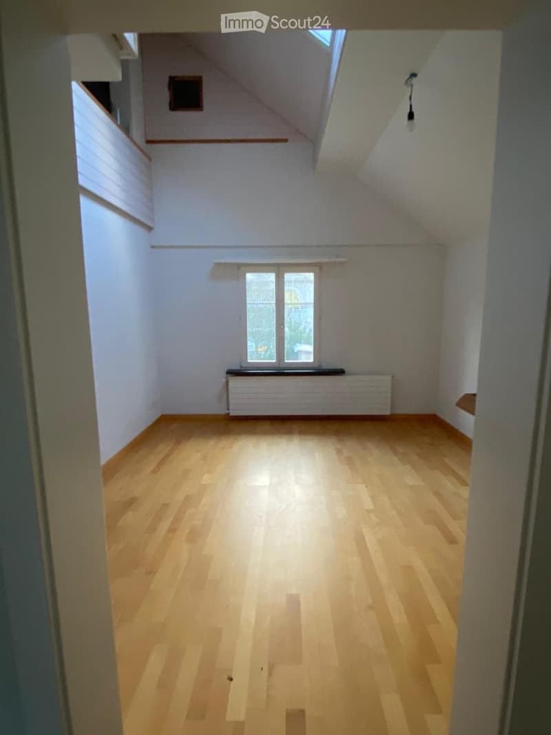 Empty room with wooden flooring, white walls, and a skylight window at the far end.