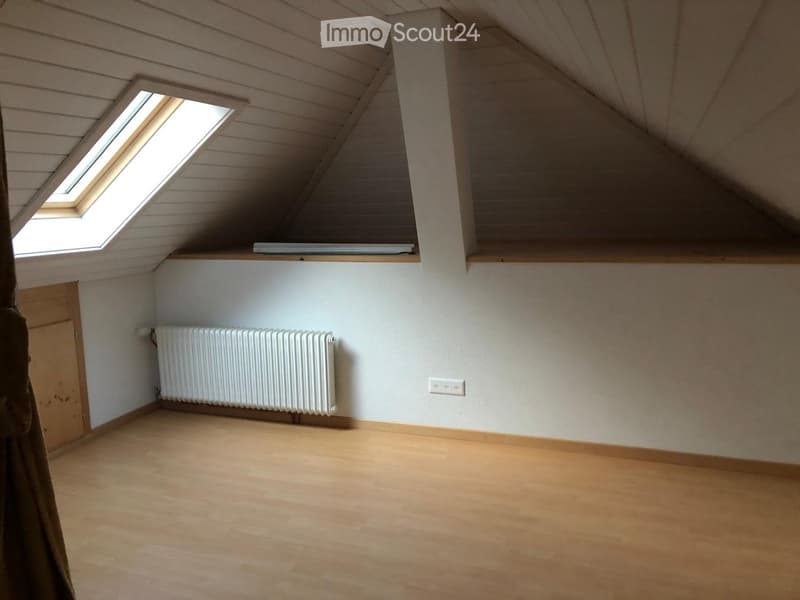 Empty attic room with wooden flooring, white walls, a radiator, a skylight window, and built-in wooden shelves.