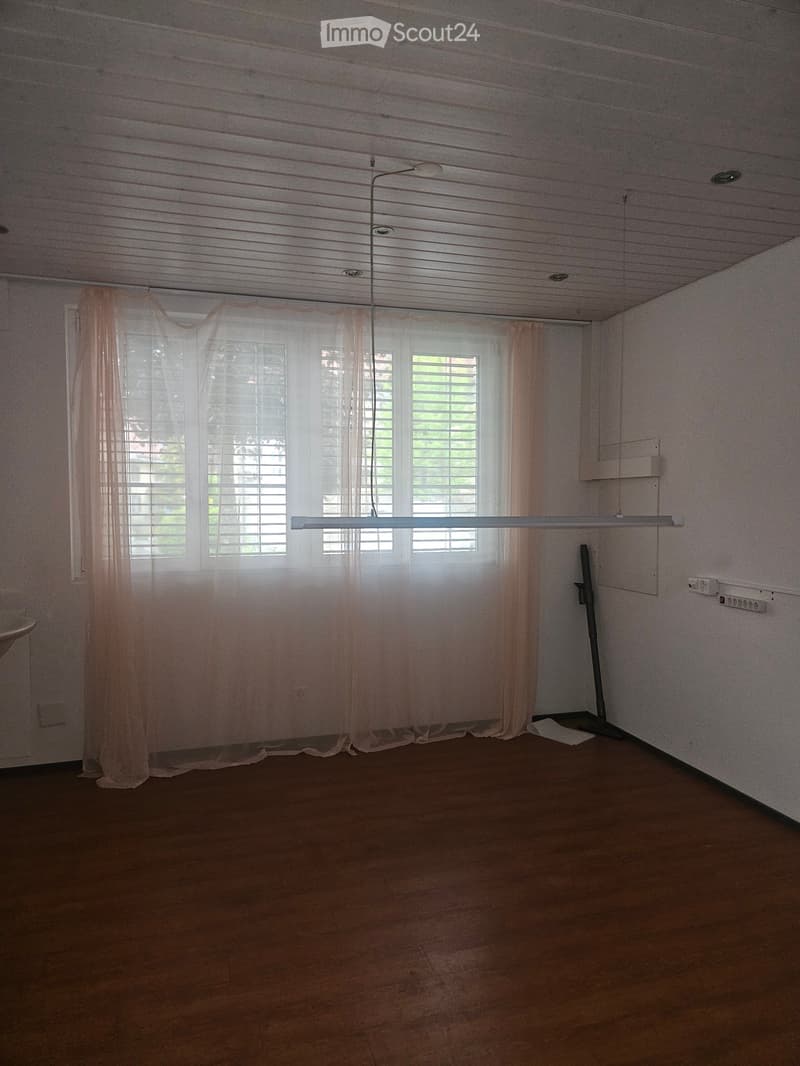 Empty room with wooden flooring, white walls, large windows with sheer curtains, and a ceiling light fixture.