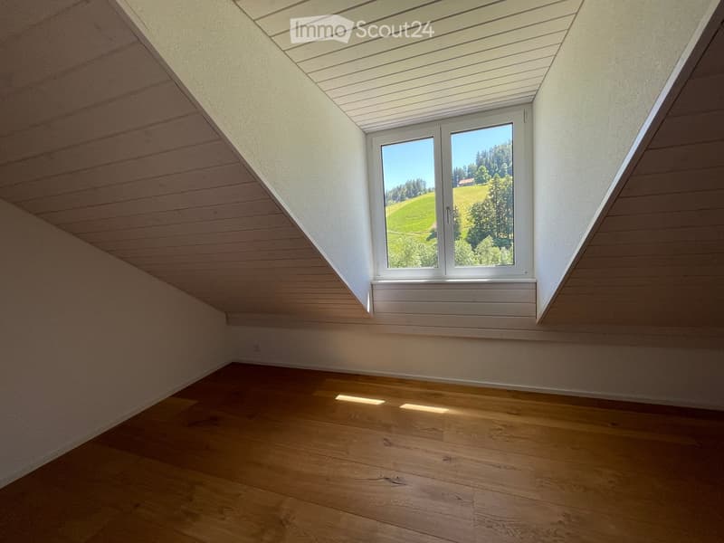 Empty attic room with wooden flooring, white walls, and a large skylight window offering a view of green fields and trees.