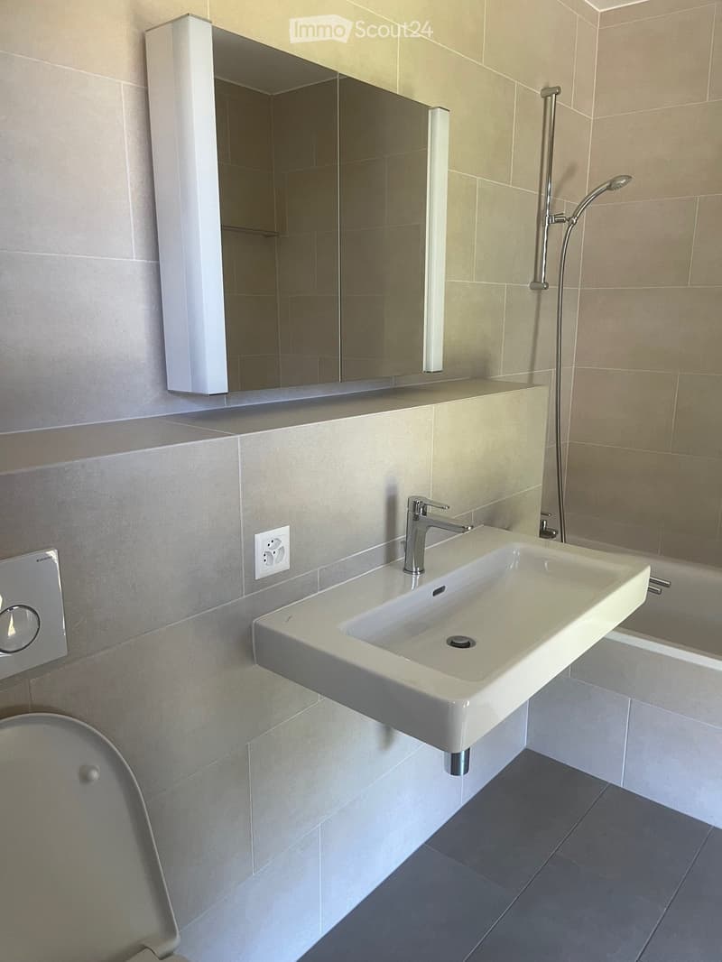 Modern bathroom with a white sink, chrome faucet, large mirror, and toilet. Light grey tiles on walls and dark grey tiles on the floor.