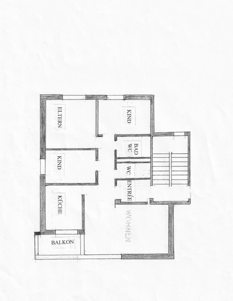 Floor plan showing a layout with a kitchen, two bedrooms, a bathroom, an entrance, a hallway, and a balcony.