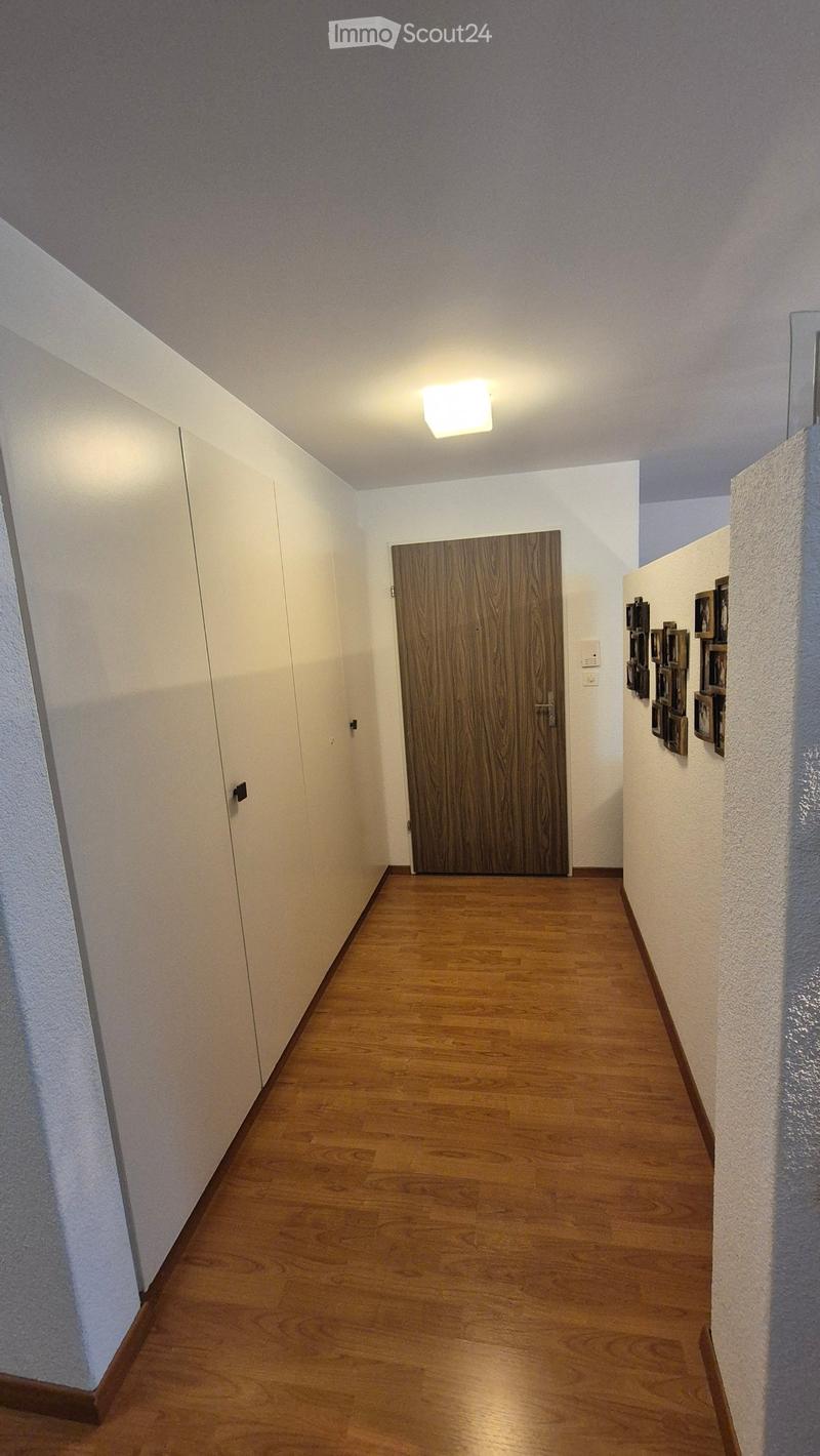 A narrow hallway with wooden flooring, white walls, and a closed wooden door at the end. A small light fixture is mounted on the ceiling, and several framed pictures are displayed on the right wall.