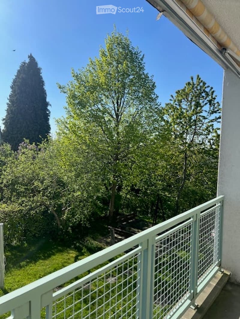 Balcony with metal railing overlooking a green garden and trees under a clear blue sky.
