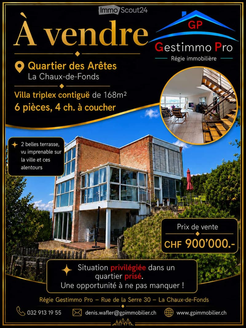 Promotional poster for a triplex villa in La Chaux-de-Fonds, featuring a modern exterior with large windows, balconies, and outdoor seating areas.
