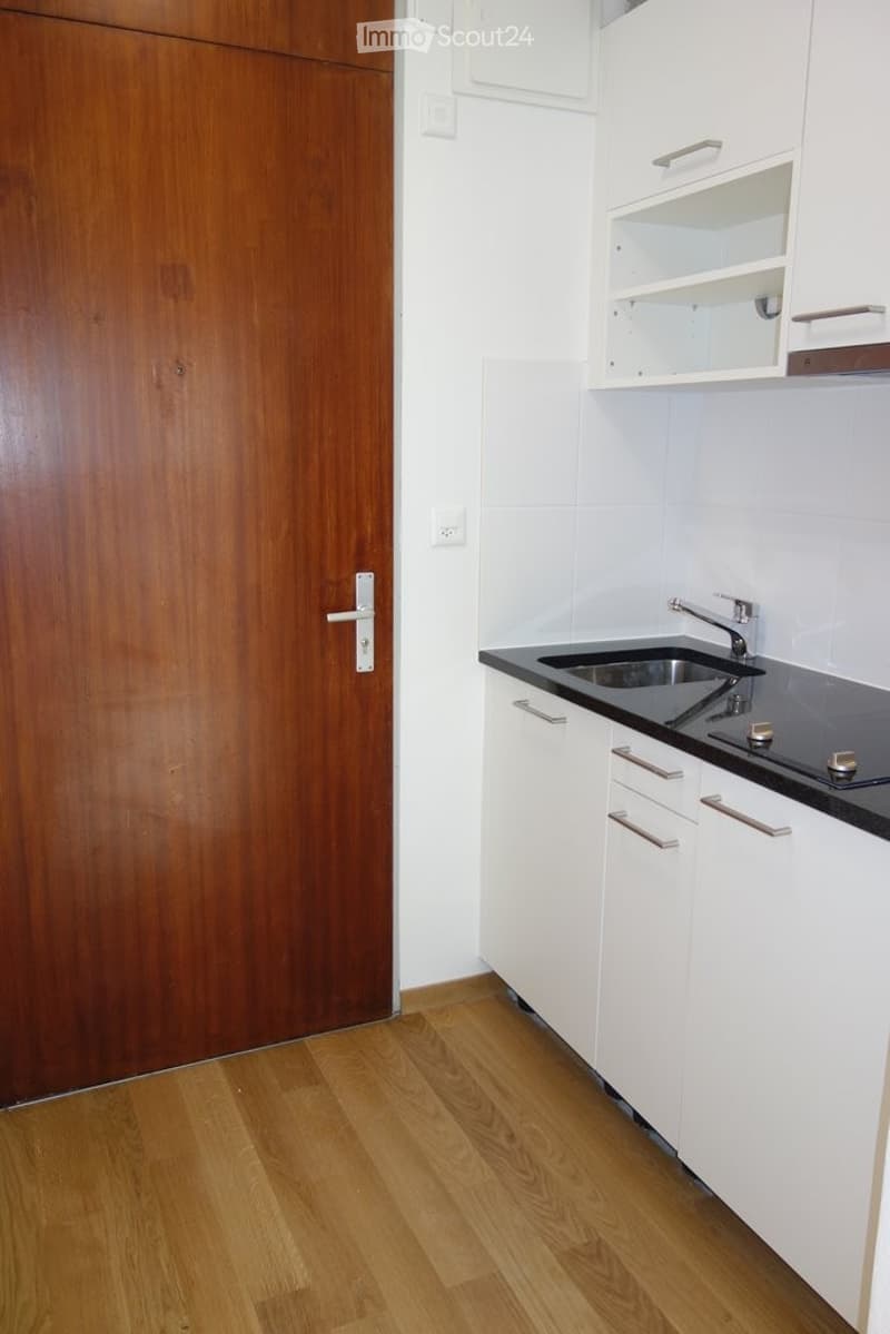 Modern kitchen with white cabinets, black countertop, stainless steel sink, and wooden flooring.