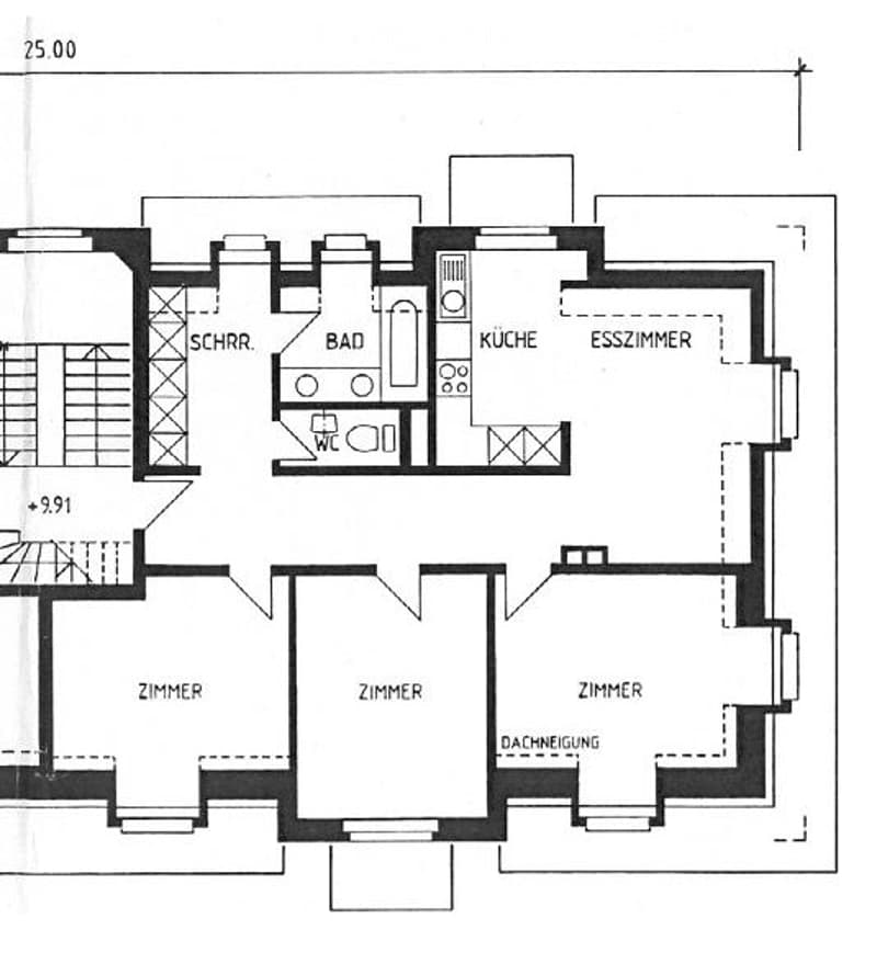 Floor plan of a multi-room apartment with labeled rooms including a kitchen, bathroom, living room, and three bedrooms.