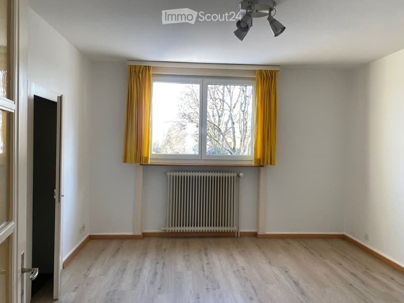 large window, wooden floor, white walls, white radiator