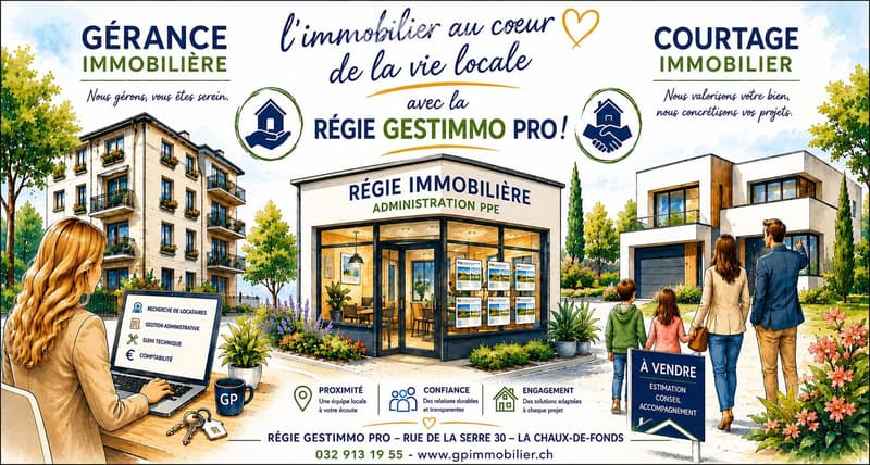 Promotional poster for a real estate company featuring a modern building, a woman working at a desk, and a family walking past a "For Sale" sign.