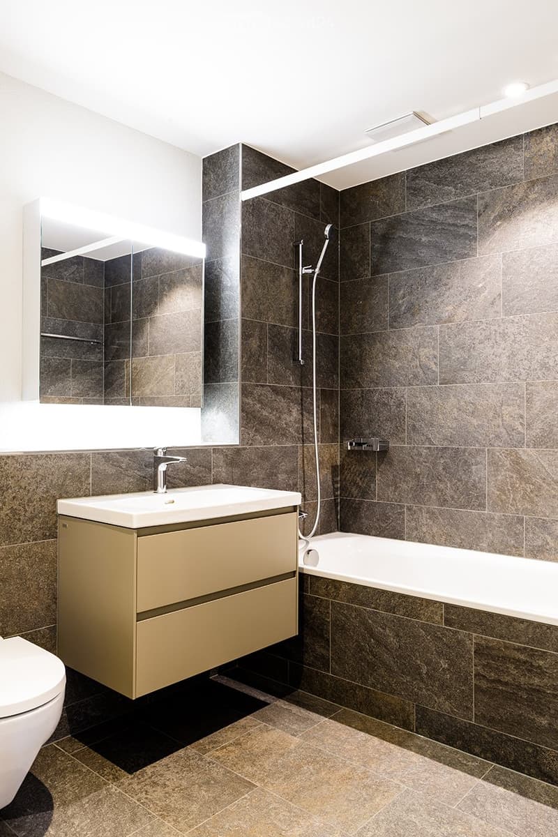 Modern bathroom with dark brown tiles, a white sink with a gold cabinet, a large mirror, a bathtub, and a toilet.