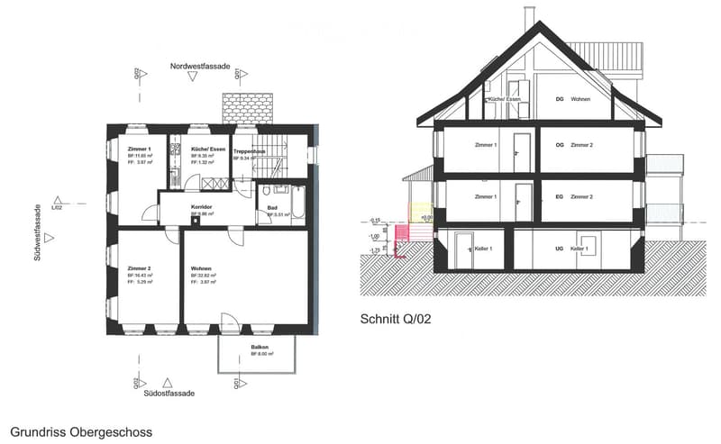 Floor plan of a two-story house with a raised ground floor, showing rooms including kitchen, living area, bedrooms, bathroom, and balcony.