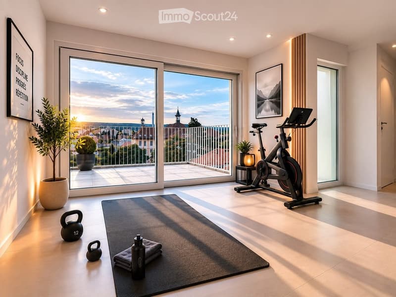 Modern fitness room with exercise bike, yoga mat, kettlebells, water bottle, small table with lamp, potted plants, and large windows offering a scenic city view.