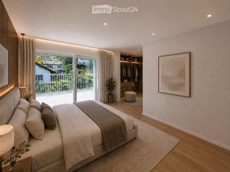 Modern bedroom with a large bed, nightstand, lamp, ottoman, wardrobe, potted plant, and picture frame. Large windows offer a view of the garden and outdoor area.