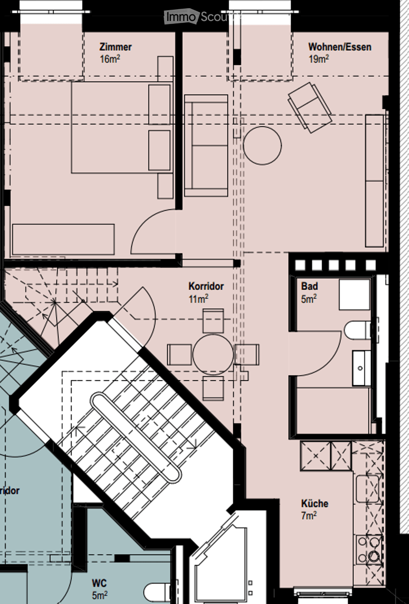 Floor plan with a bedroom, living/dining area, kitchen, bathroom, and a separate WC.