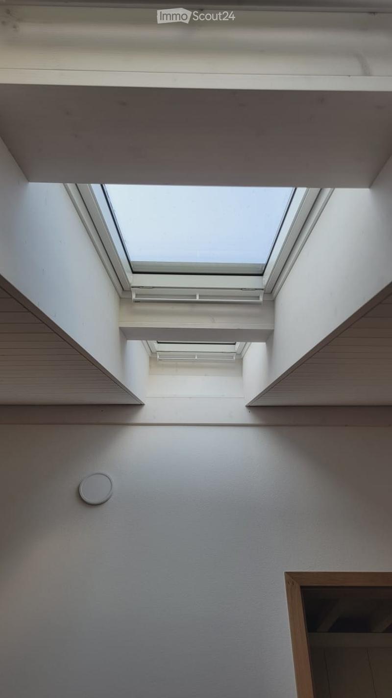 A modern hallway with white walls, a skylight window at the top, and a small round speaker mounted on the wall.
