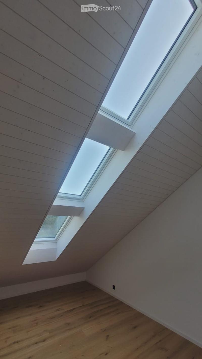Empty attic space with wooden walls, wooden floor, and skylight windows allowing natural light.