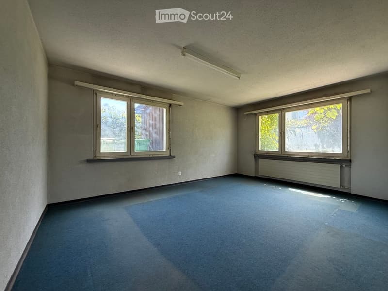Empty room with blue carpet, grey walls, large windows, and a radiator. No furniture or equipment present.