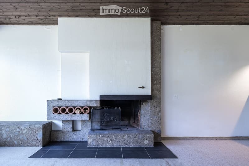 Modern fireplace with a minimalist design, concrete surround, and decorative metal screen. The room has a polished concrete floor and white walls.