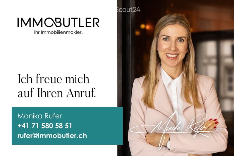 Promotional image for an real estate agent, featuring a woman in professional attire with contact information and a signature.