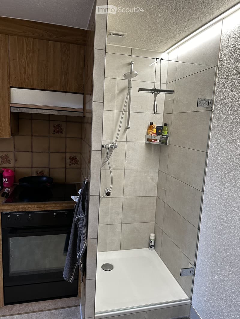 Modern bathroom with a walk-in shower, glass enclosure, and a built-in shelf holding toiletries. The adjacent area includes a wooden cabinet, an oven, and a towel hanging on the side.