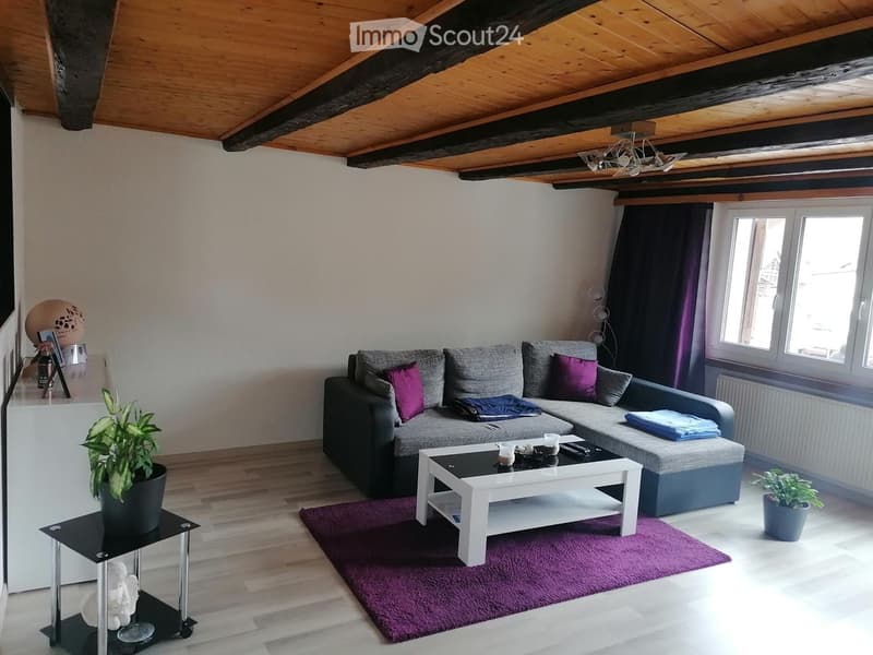 Modern living room with exposed wooden beams, grey sectional sofa, white coffee table, purple rug, side table with plant, and decorative items.