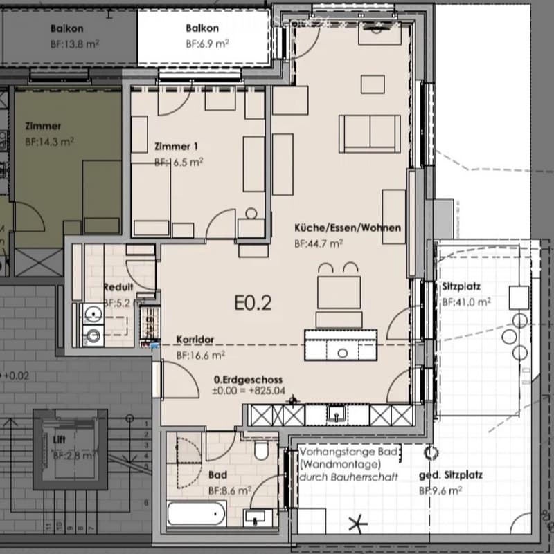Floor plan showing a multi-room layout including a kitchen/dining/living area, two bedrooms, a bathroom, a hallway, a balcony, and a storage area.